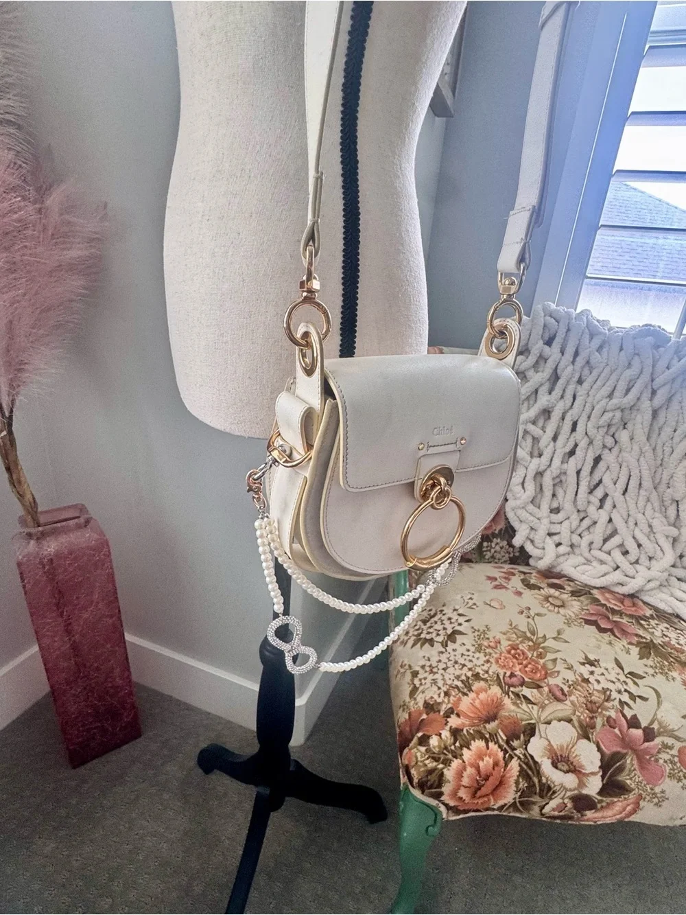Chloé Tess Small Cream Leather Crossbody Gold Ring Bag